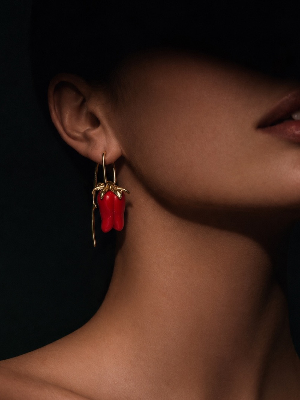 Red Coral Flower Drop Earrings – Gold Statement Dangle Earrings